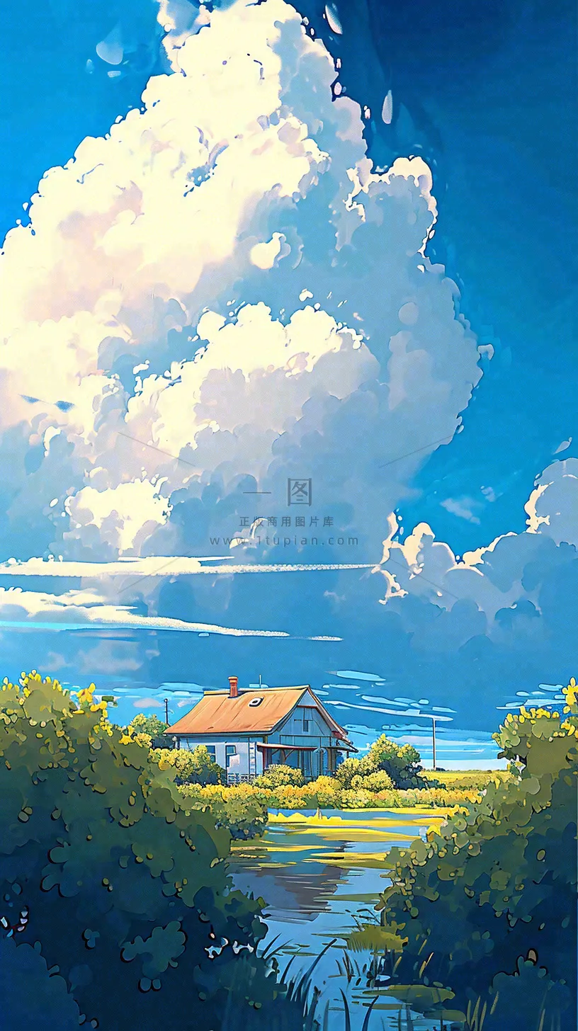 春天乡村河流倒影草地蓝天白云小屋手绘插画