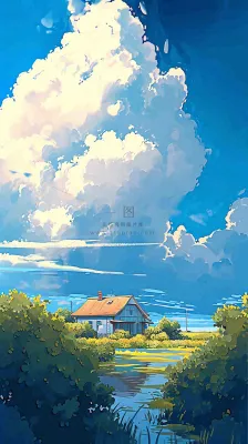 春天乡村河流倒影草地蓝天白云小屋手绘插画 春天乡村河流倒影草地蓝天白云小屋手绘插画