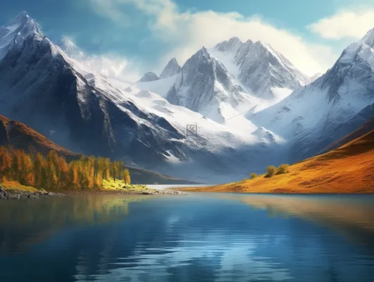 秋天雪山下的湖泊摄影图 