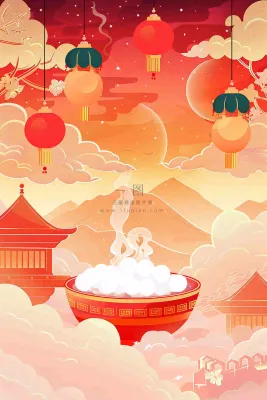 元宵节汤圆节日灯笼红色喜庆插画背景 元宵节汤圆节日灯笼红色喜庆插画背景