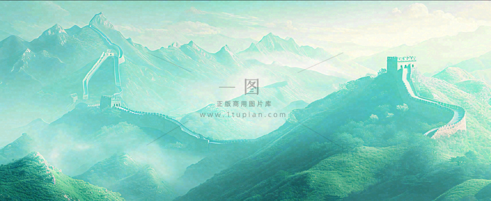 崇山峻岭高山白云中国风插画长城风景 崇山峻岭高山白云中国风插画长城风景