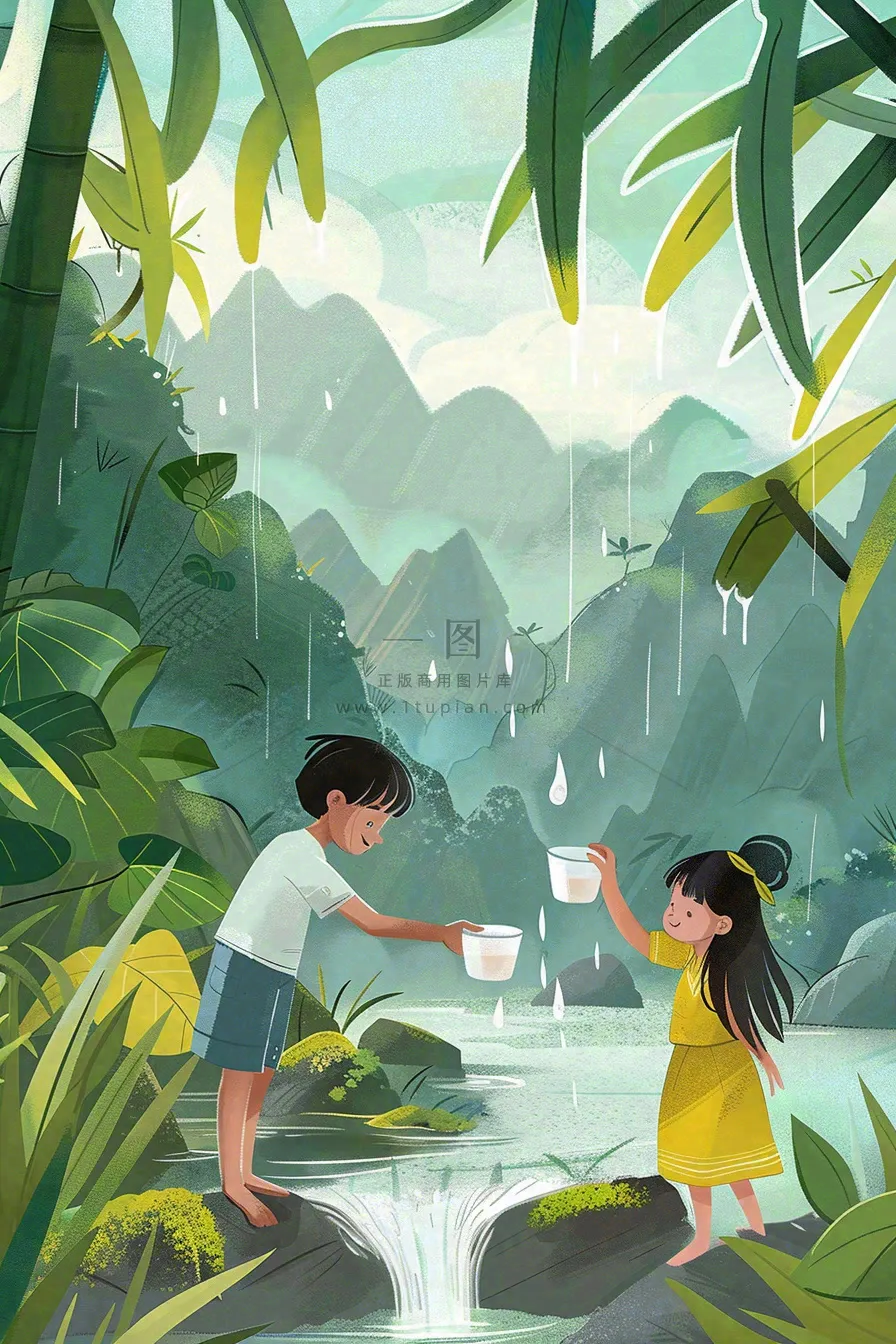 夏天孩子们在森林丛林小溪玩水嬉水处暑夏至卡通插画背景