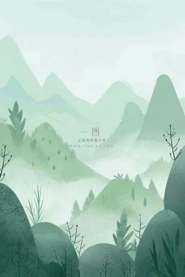 青绿山脉树木小草扁平插画手绘