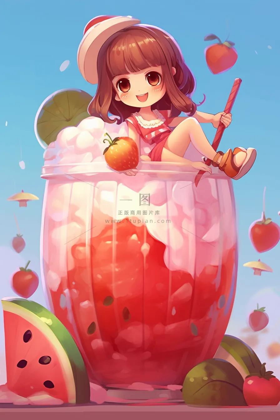 夏日冰西瓜汁刨冰饮料女孩坐着可爱卡通插画背景