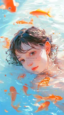 阳光泳池游泳人物男女，金鱼水面海上，反光色彩摄影图