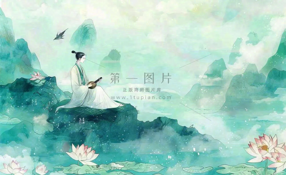 古风屈原人物山水画荷花端午时节中国风水墨插画背景