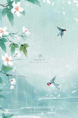 春天梅雨季山间燕子白花花朵雨水谷雨惊蛰寒露水墨插画背景 春天梅雨季山间燕子白花花朵雨水谷雨惊蛰寒露水墨插画背景