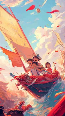 海面上龙船开船手绘插画，孩子人物，蓝天白云古风