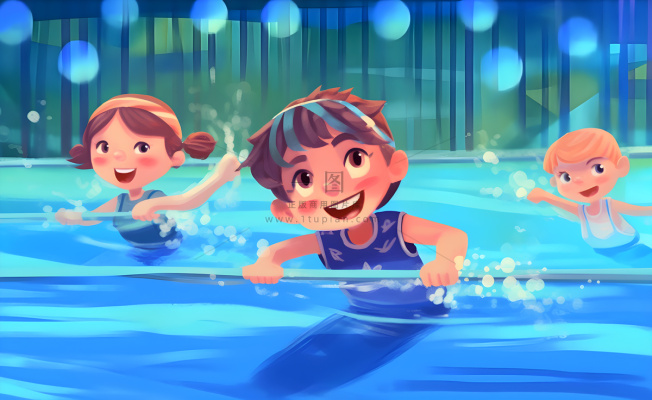 游泳池游泳儿童学生们玩乐蓝色卡通插画背景 游泳池游泳儿童学生们玩乐蓝色卡通插画背景