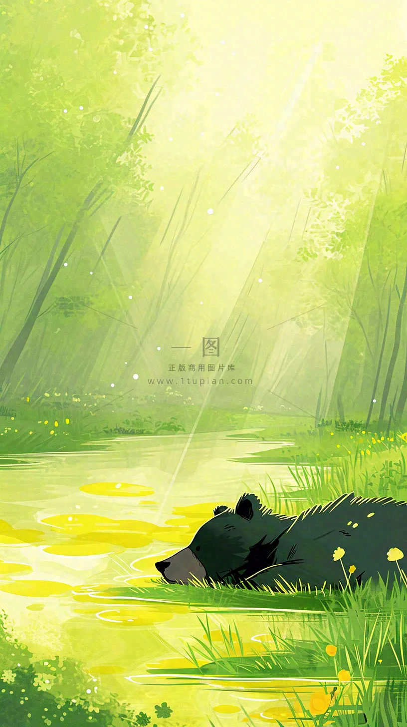 夏日森林丛林阳光绿色河面草丛树木手绘插画,夏至小暑大暑