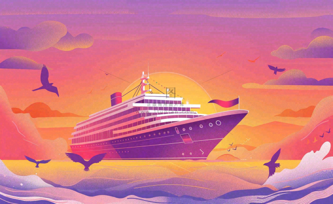 夕阳落日下的海上邮轮船海鸥度假旅游建军卡通插画背景