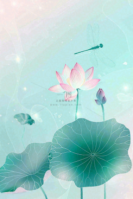夏天小清新荷花荷叶静雅弥散风绿粉色蜻蜓立夏夏至处暑插画背景