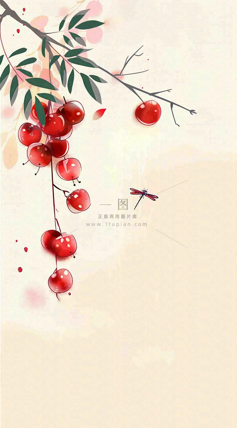 秋天挂满果实的树枝秋收水彩国画插画立秋秋分背景
