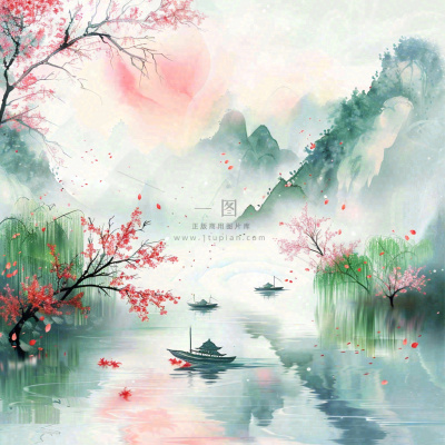 水墨江南山水画桃花青山春分清明惊蛰节气背景 水墨江南山水画桃花青山春分清明惊蛰节气背景