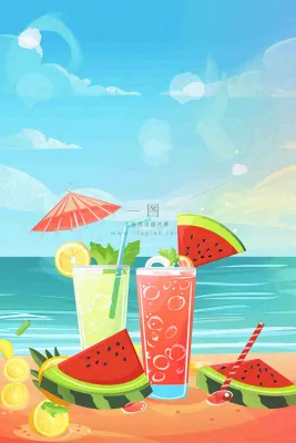 炎热夏日冰镇饮料饮品西瓜汁海边沙滩蓝天白云立夏夏至大暑小暑处暑卡通插画背景 炎热夏日冰镇饮料饮品西瓜汁海边沙滩蓝天白云立夏夏至大暑小暑处暑卡通插画背景