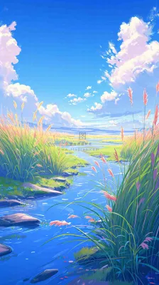 蓝天白云草地溪流春天阳光灿烂的日子春分春风,插画手绘 蓝天白云草地溪流春天阳光灿烂的日子春分春风,插画手绘
