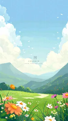 春天郊外露营旅行山脉蓝天白云草坪草地花丛，清新自然，惊蛰春分