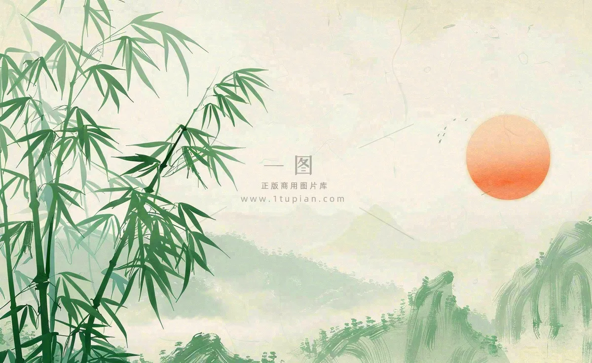 中国风古风水墨画山竹落日余晖淡雅清明端午插画背景