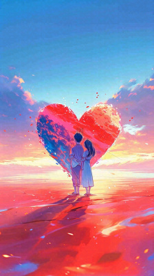 情人节浪漫情人爱心落日蓝天唯美,情侣亲吻爱情,卡通手绘插画 情人节浪漫情人爱心落日蓝天唯美,情侣亲吻爱情,卡通手绘插画