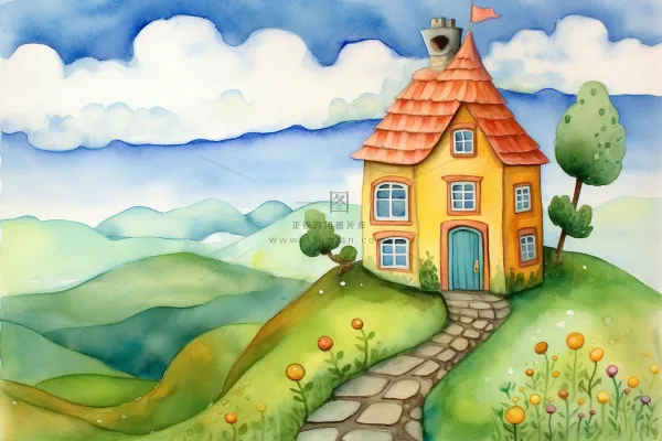 森林里的小房子门前花丛草地石子路卡通插画素材背景 森林里的小房子门前花丛草地石子路卡通插画素材背景