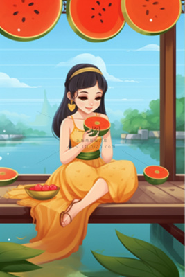 女孩坐着乘凉水果插画背景