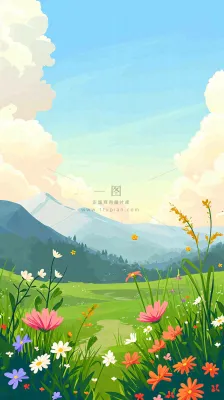 春天郊外露营旅行山脉蓝天白云草坪草地花丛，清新自然，惊蛰春分