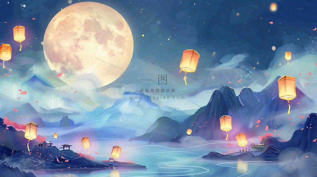 中秋河灯孔明灯中元节风景寒衣节黑夜中元节夜晚月亮唯美插画背景