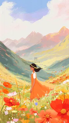 春天山脉草坪花海上穿裙子的女孩油画手绘插画，清新浪漫，踏青春游