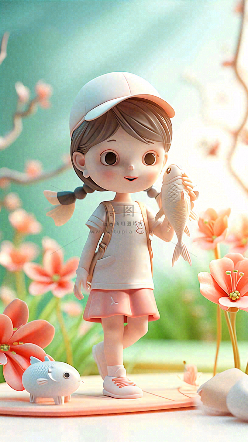 儿童节小女孩田间游玩小草小花，动物鱼类可爱