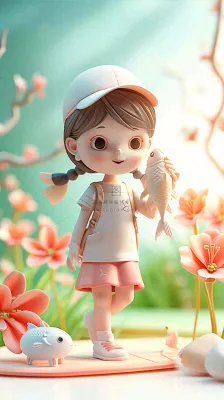 儿童节小女孩田间游玩小草小花,动物鱼类可爱 儿童节小女孩田间游玩小草小花,动物鱼类可爱