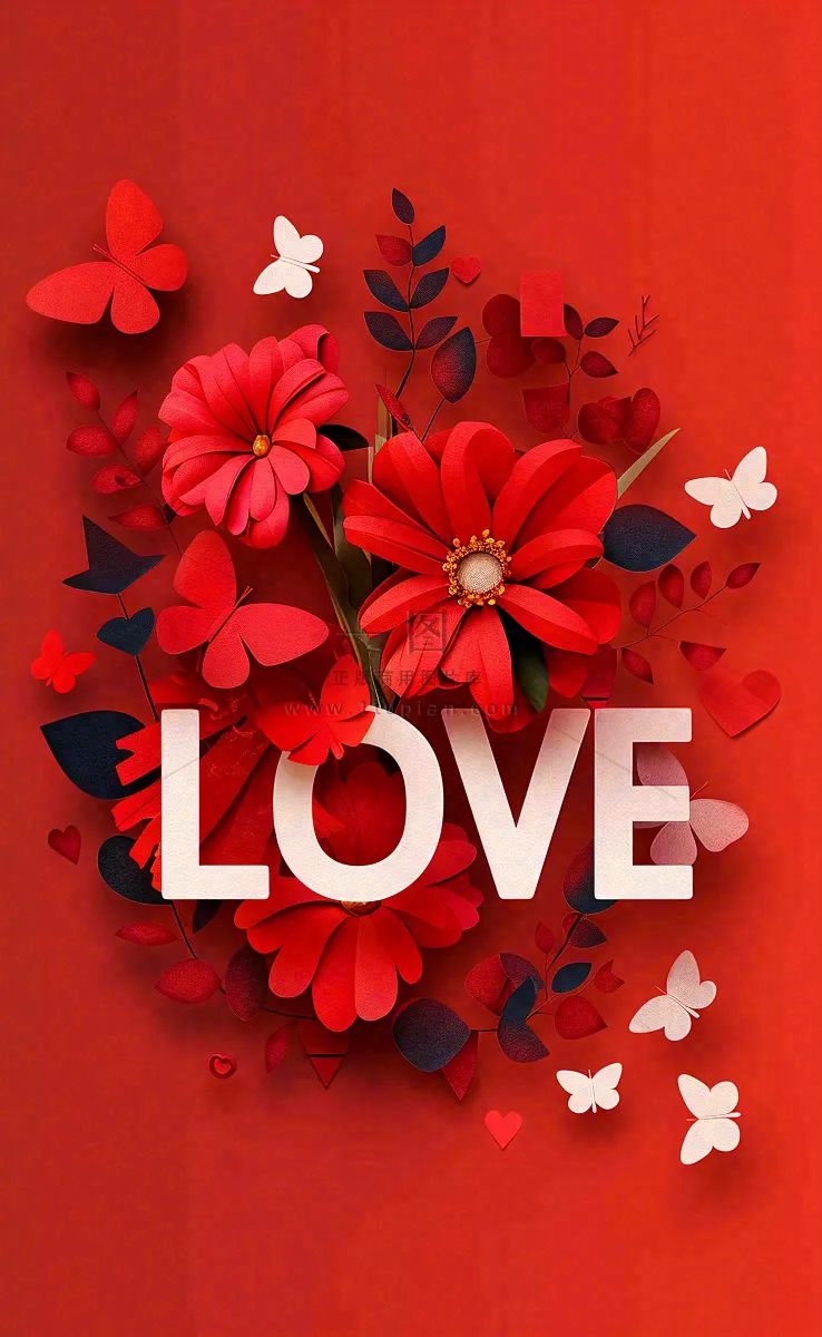 红色鲜花情人节love立体插画情人节七夕背景