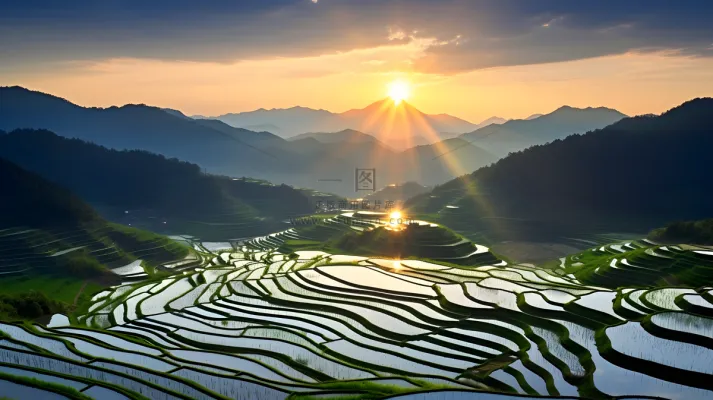 日落时的中国农村梯田鸟瞰摄影图