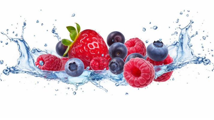 新鲜草莓蓝莓覆盆子口味水波溅起白色背景摄影图