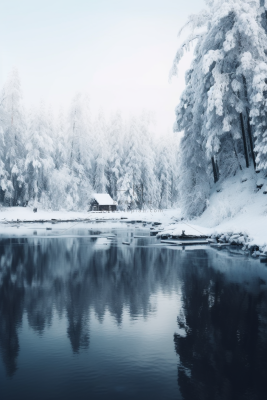 雪天森林深处的湖边小木屋摄影图