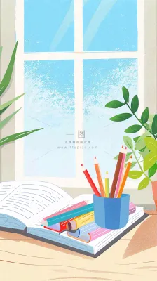 世界读书日窗前书桌书本绿植小清新卡通插画背景 世界读书日窗前书桌书本绿植小清新卡通插画背景