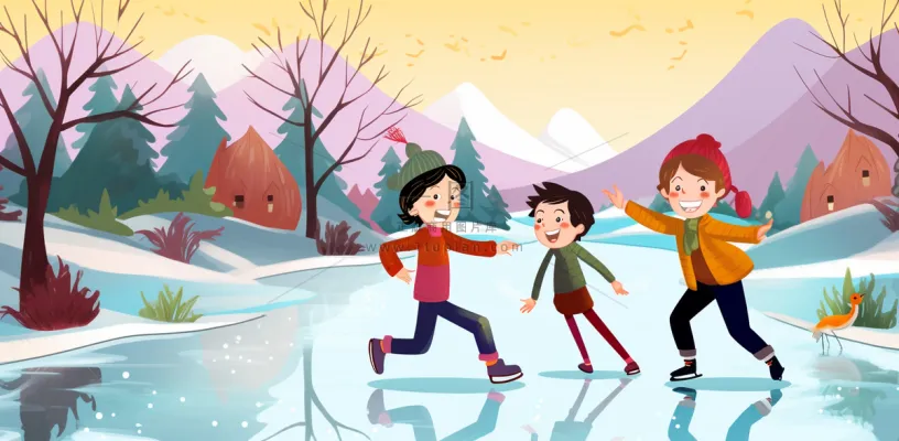 冬季在冰湖上滑冰的孩子儿童卡通插画背景 冬季在冰湖上滑冰的孩子儿童卡通插画背景