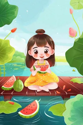 夏天荷花湖木桥上吃西瓜的女孩清凉立夏夏至大暑小暑卡通插画背景 夏天荷花湖木桥上吃西瓜的女孩清凉立夏夏至大暑小暑卡通插画背景