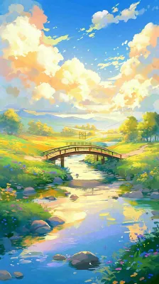 春天草坪河流小溪蓝天白云清新阳光手绘插画，立春春分