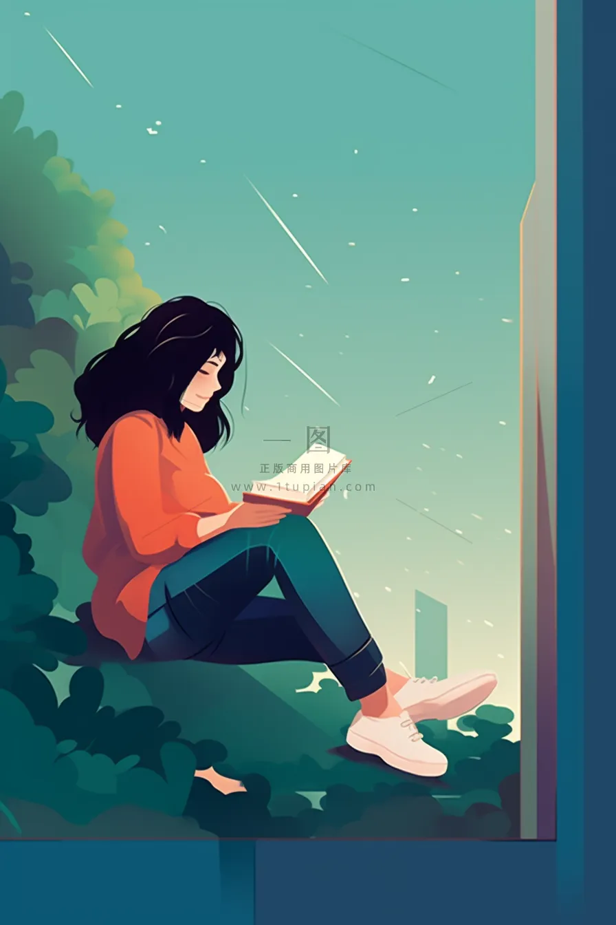 坐窗台看书的女孩少女沉思卡通插画背景