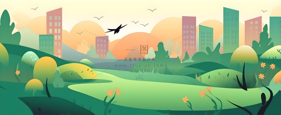 春夏森林山坡草地花草鸟绿植风景插画海报素材背景 春夏森林山坡草地花草鸟绿植风景插画海报素材背景