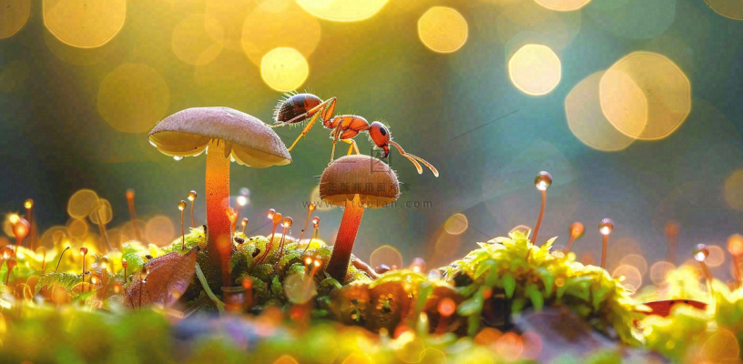 阳光下的蚂蚁蘑菇菌类阳光春天惊蛰春分摄影图