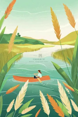 春天小麦田里的河流女孩坐船小麦麦穗小满芒种惊蛰卡通插画背景 春天小麦田里的河流女孩坐船小麦麦穗小满芒种惊蛰卡通插画背景