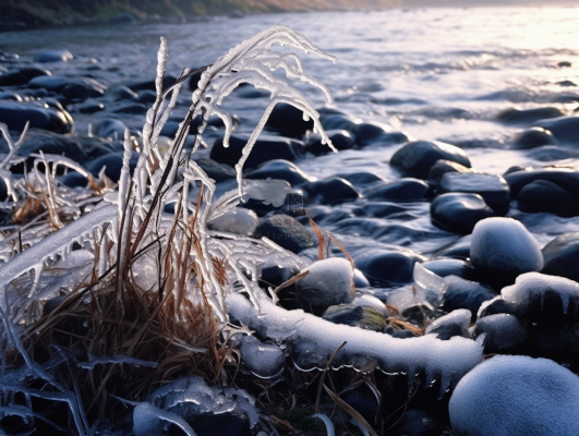 冬季河边石头上结冰的植物积雪摄影图