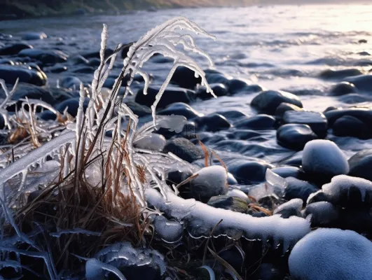 冬季河边石头上结冰的植物积雪摄影图