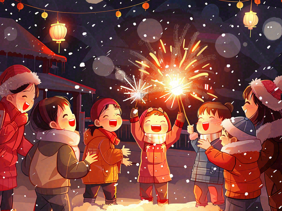 孩童儿童一起放烟花场景开心热闹庆祝新年春节小年除夕夜卡通插画