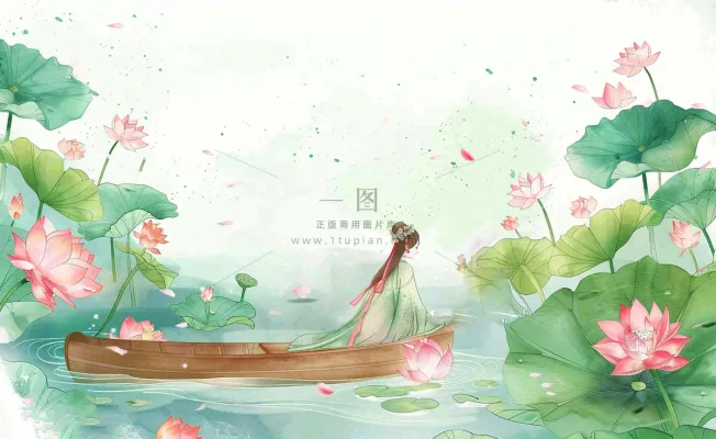 夏日清凉唯美荷花荷叶飘在水面古风少女乘小舟划船卡通人物插画处暑立夏小暑背景 夏日清凉唯美荷花荷叶飘在水面古风少女乘小舟划船卡通人物插画处暑立夏小暑背景