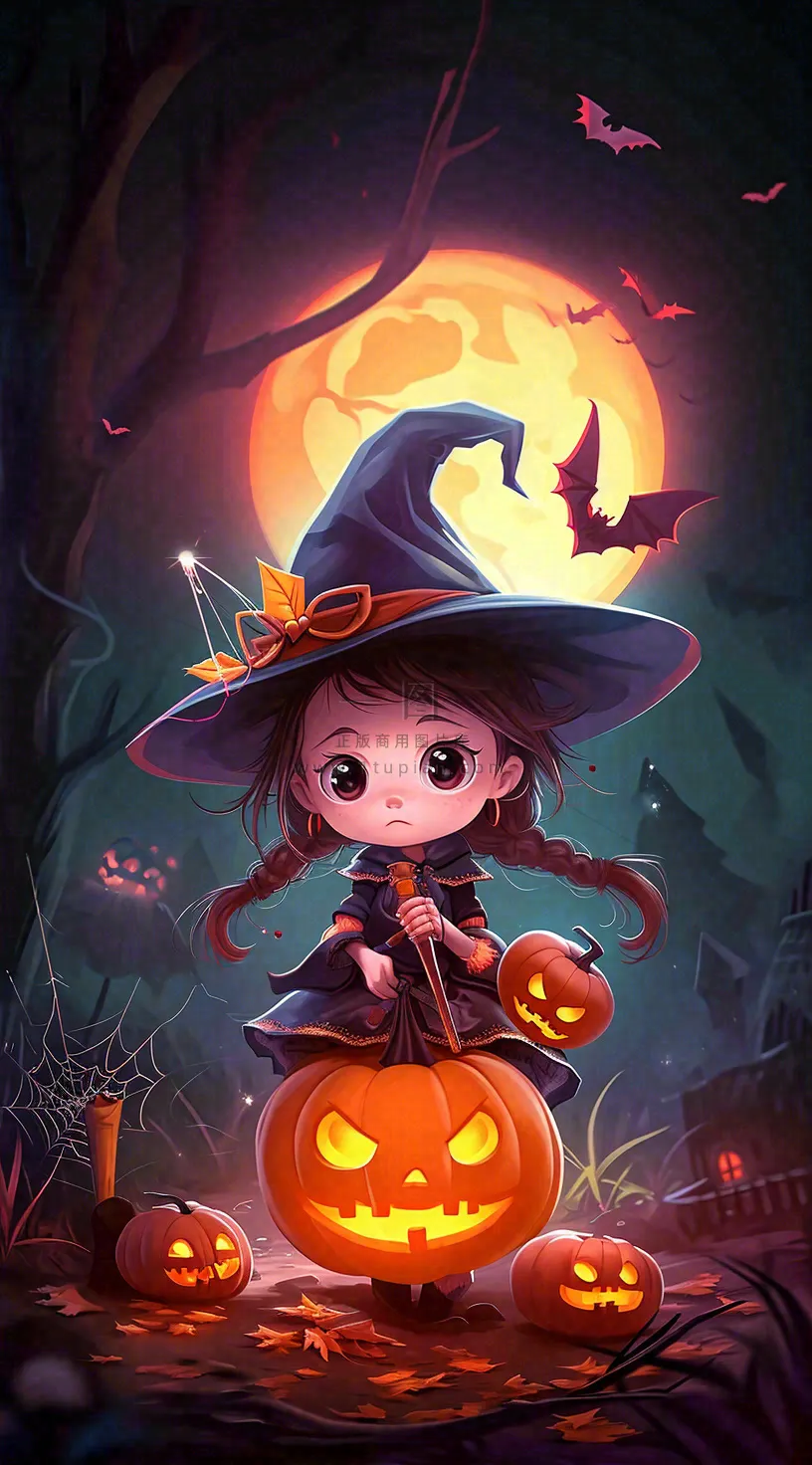 万圣节夜晚黑色南瓜恐怖卡通小鬼手绘插画