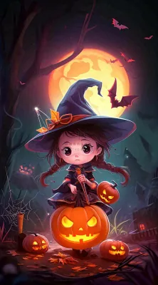 万圣节夜晚黑色南瓜恐怖卡通小鬼手绘插画