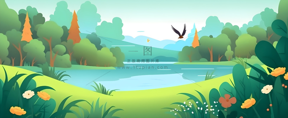 春夏森林山坡草地花草鸟绿植风景插画海报素材背景 春夏森林山坡草地花草鸟绿植风景插画海报素材背景