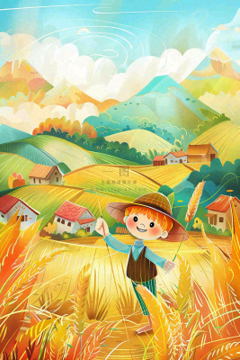 秋天农田丰收山村村庄稻草人水稻小麦立秋秋分芒种卡通插画背景 秋天农田丰收山村村庄稻草人水稻小麦立秋秋分芒种卡通插画背景